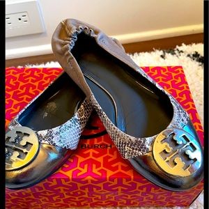 TORY BURCH
Leather Colorblock Snakeskin/Gunmetal Ballet Flats, 7.5M